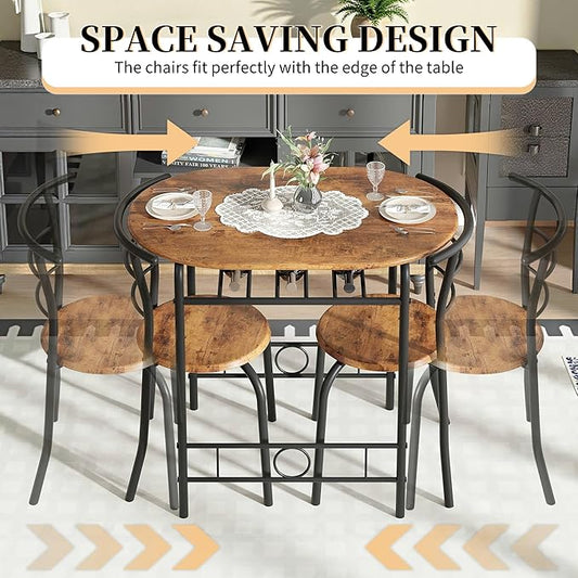 VECELO 3-Piece Dining Table Set for Kitchen Breakfast Nook, Wood Grain Oval Tabletop and Metal Frame with Built-in Wine Rack, for Small Spaces, Antique Brown & Black
