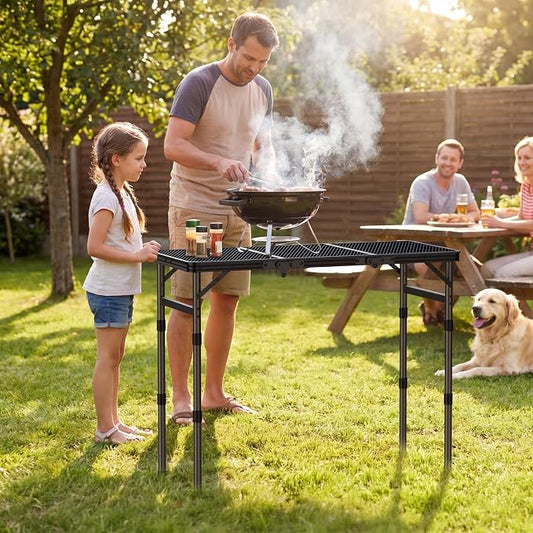 3ft Folding Grill Table, Heat-Resistant Tabletop 3 Heights 27.5" | Aluminum Camping Table, Waterproof & Easy to Clean, Lightweight, Portable Handle for Cooking BBQ Patio, 35" x 16", Black