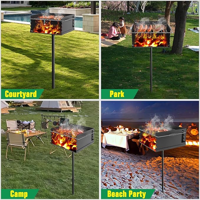 Park Style Charcoal Grill Heavy Duty, Outdoor BBQ Grill with Grate, Park Grill for Backyard, Camping, Commercial Use, Small Charcoal Grills for Outdoor Park (16'' L x 16'' W x 8'' H)