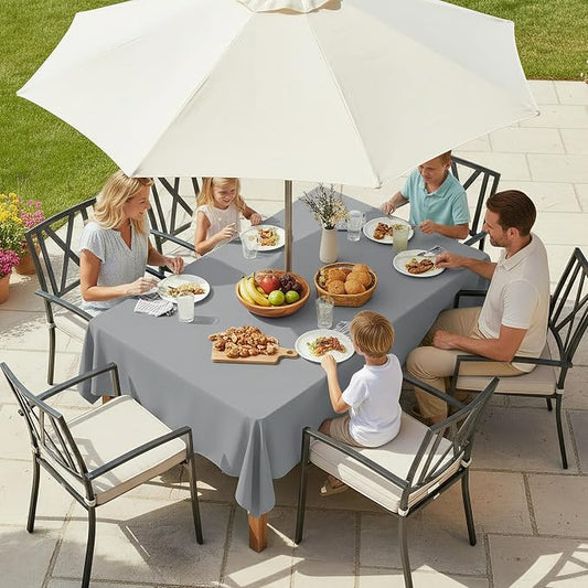 LUSHVIDA Rectangle Outdoor Tablecloth with Umbrella Hole and Zipper, 60x84 Inch Silver, Washable Waterproof Table Cloth Spill Proof Wrinkle Free Table Cover for Patio Spring Summer Picnic BBQS