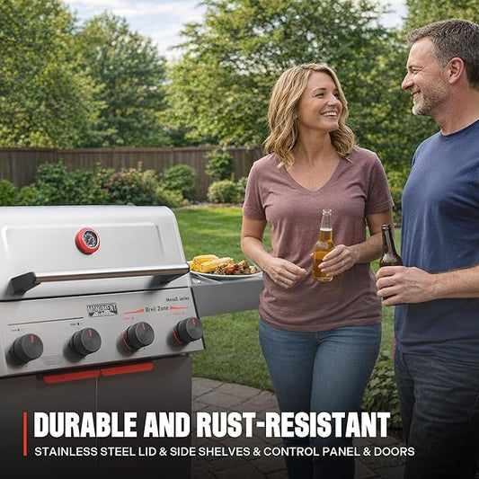 Monument Grills 4 Burner Stainless Steel Propane Gas Grill M2, 500°F in 5 Mins, 525 sq.in, 37,000 BTU, with Broil Zone, Foldable Side Shelves, Knob Controls, Built in Thermometer, with Cooking Plate