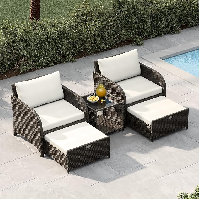 Garvee 5-Piece Outdoor Patio Conversation Set with Hidden Ottomans | PE Rattan Wicker Patio Furniture with Soft Cushions & Glass Coffee Table, Outdoor Lounge Chairs for Porch, Backyard (Beige)