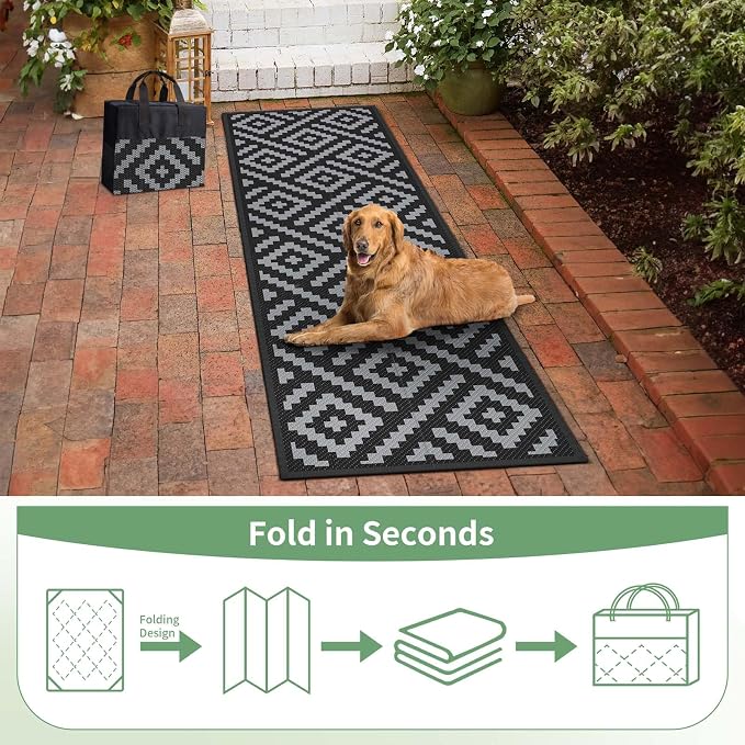 GENIMO Outdoor Rug, Waterproof Plastic Runner Rugs, 2.5'x8' Black Grey | Outside Modern Carpet Mat for Patio Decor, Porch, Deck, Balcony, Camping, RV, Picnic, Beach, Reversible, Foldable
