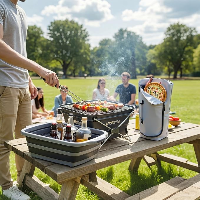 Funnymoom 2pcs Large Barbecue Prep Set Include 8 Gal/30l Collapsible BBQ Prep Tub with Lid and Cutting Board 270° Opening BBQ Blanket for Resting Meat(21inch) Leak-proof Smoker Blanket Insulated
