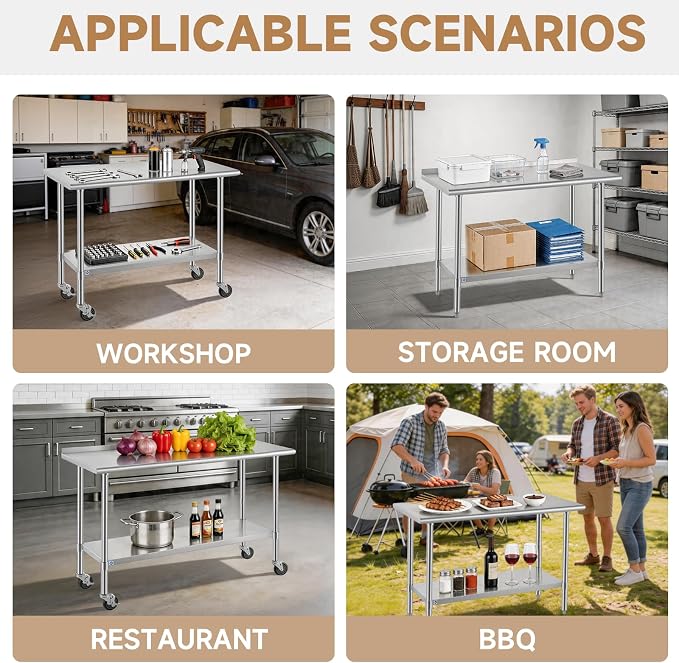 ROCKPOINT All Stainless Steel Table for Perp & Work 30x48 Inch,Commercial Heavy Duty Workbench with Stainless Legs & Adjustable Undershelf, 840 lb Capacity for Restaurant,Home and Outdoor Kitchens