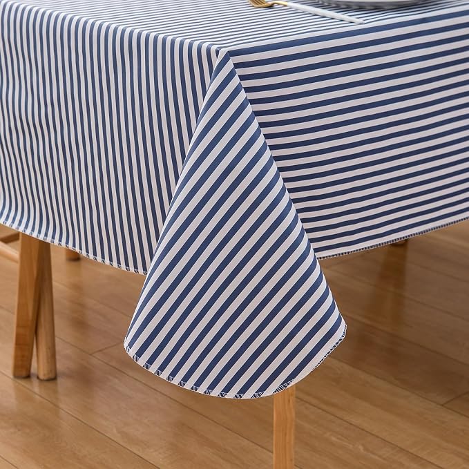 LIBERECOO Vinyl Tablecloth with Flannel Backing, Blue Stripe 60 x 84 Inch Rectangluar Tablecloths Stain-Resistant Waterproof Plastic Table Cover for Indoor/Outdoor