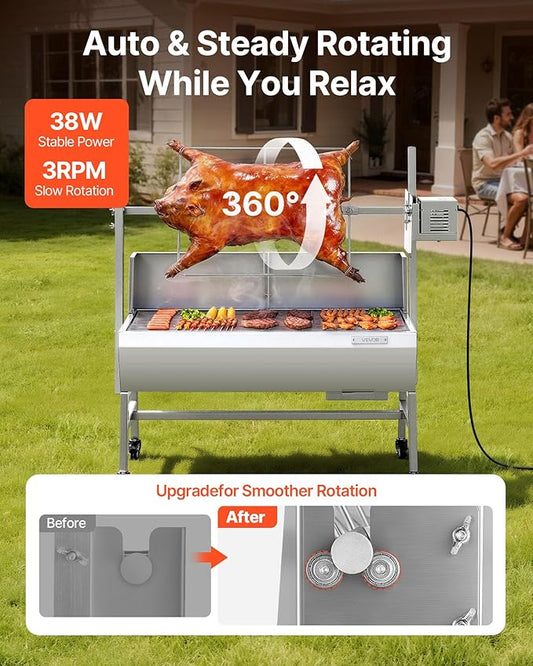 VEVOR Rotisserie Grill, 37in BBQ Outdoor Pig & Lamb Spit Roaster, Charcoal Spit Roaster with 132 LBS Load Capacity & 7-Level Height, Stainless Steel Electric Rotisserie Grill Kit for Camping Outdoor
