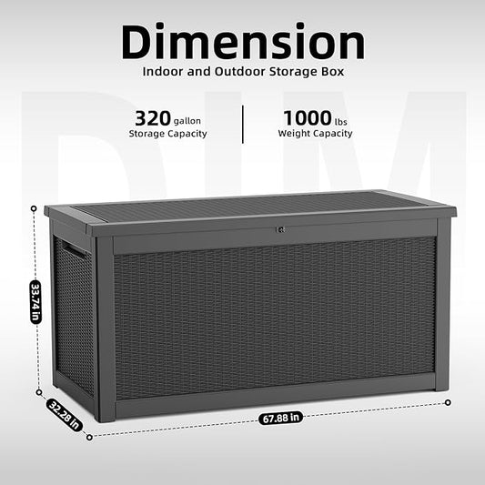 320 Gallon Outdoor Storage Box Waterproof, Resin Lockable Deck Box with Lid, Large Capacity Weatherproof Container for Patio Furniture Pool Accessories, Cushions(Black, 320 Gallon)