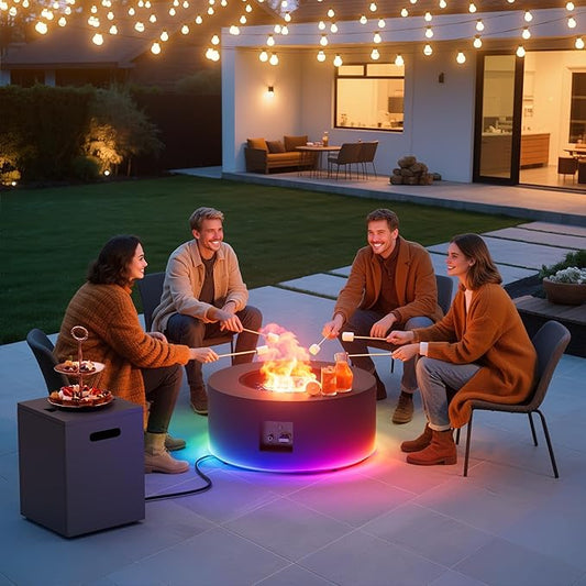 2-Piece Outdoor Propane Fire Pit Table Set w Tank Side Table 30'' Round Fire Pit Table 2-in-1 Firepit Table for Outside Patio Gas Fire Pit w 304 Stainless Steel Burner 50,000 BTU, Dark Gray w RGB LED