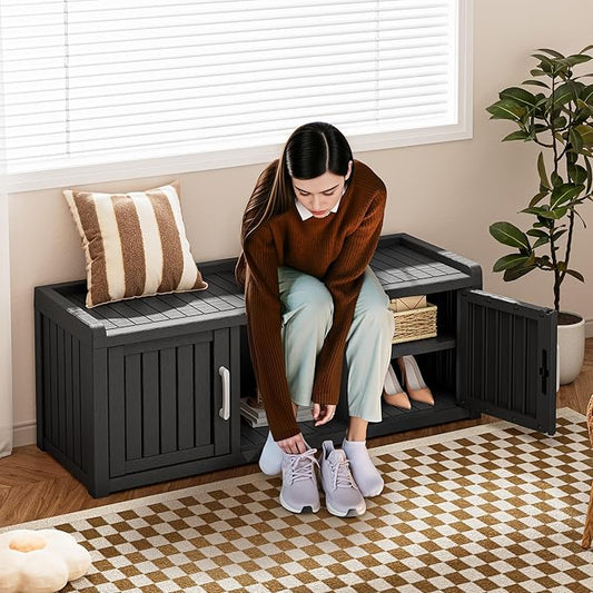 Bifanuo Shoe Storage Cabinet, 2-Door Outdoor Storage Bench with Adjustable Shelves, Waterproof UV-Resistant for Hallway, Living Room, Entryway, Large Capacity Modern Organizer (Black)