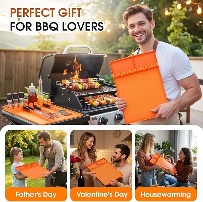 Silicone Grill Mats Compatible with Blackstone, Spatula Tools Mat with Drip Pad, Griddle Mats BBQ Grill Accessories, Side Shelf Pad for Kitchen Counter Outdoor Grill, Easy Clean, Orange