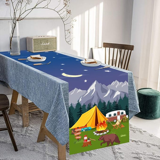 Camping Theme Table Runner, Forest Adventure Linen Fabric Table Runner for Everyday Use 72 x 13 Inches, Washable Table Cover for Indoor Outdoor Kitchen Dining Table Decor