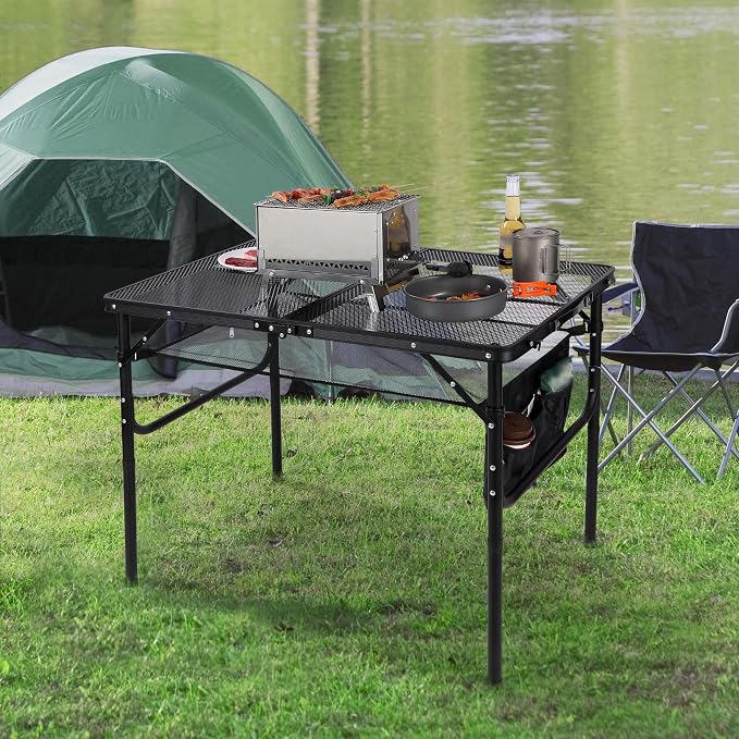 Folding Grill Table,Aluminum Portable Grill Stand Table for Outdoor Camping Picnic BBQ Lightweight, Adjustable Height, 36''x24''x16/28'', Black