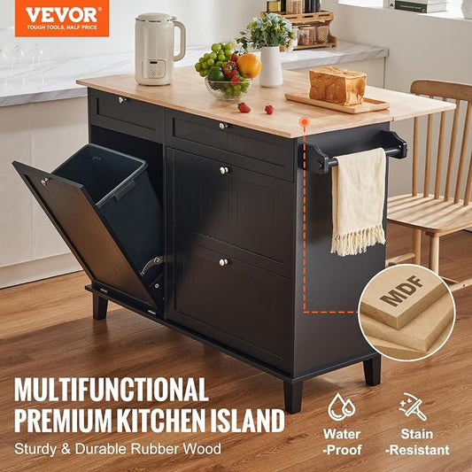 VEVOR Kitchen Island Cart, 50" Wood Top Breakfast Bar with Trash Cabinet Tilt Out 10 Gallon Storage, Farmhouse Dining Living Room Table with Drop Leaf, Towel Bar, Drawer, Black