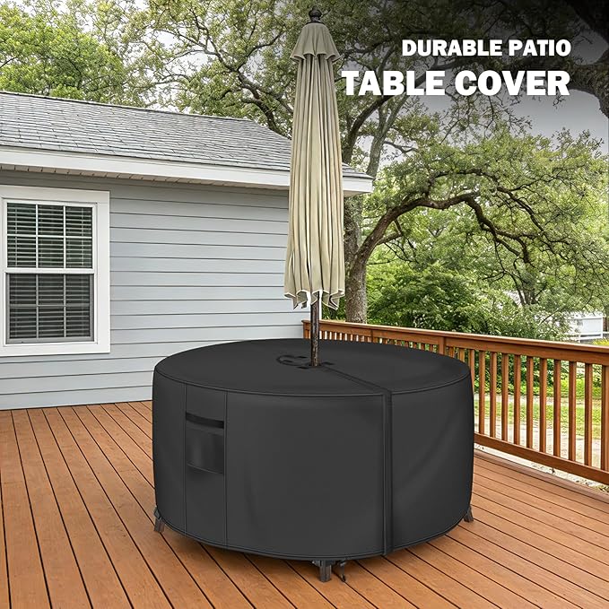 Round Patio Table Cover with Umbrella Hole - 36"DIA x 23"H (COVER SIZE,NOT TABLE SIZE) Heavy Duty Waterproof 600D Oxford Fabric Outdoor Lawn Patio Furniture Covers