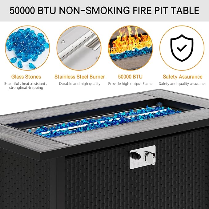 45in Fire Table, Propane Fire Pit with Glass Wind Guard and Rain Cover, Outdoor Firepit Table 50000 BTU 3-in-1 Fire Table for Patio/Yard/Balcony, Gray Tabletop