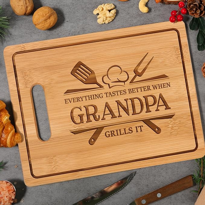 Fathers Day Grandpa Gifts, 11x8.5inch Engraved Bamboo Cutting Board, Best Christmas Birthday Gifts for Grandpa, Grandfather Present from Grandkids Grandchildren