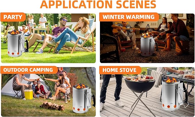 Charcoal Chimney Starter with Firelighters, XL 7.5X12 Chimney Starter, Tilted Handle Design for Safe Outdoor Grilling & Camping, Silver