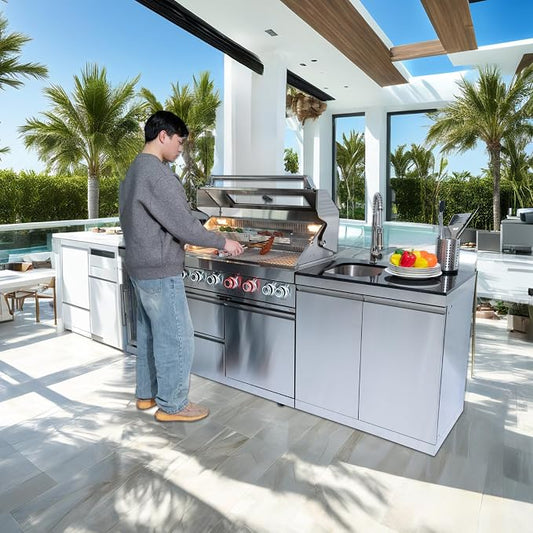 6 Burner Outdoor Kitchen Island with Grill, 85000 BTU Deluxe Stainless Steel Modular Outdoor Kitchen, Gas Propane BBQ Island with Refrigerator, 2 Doors Sink, Rotisserie, Storage Cabinet, Silver