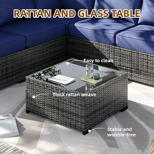 MOCHITO 7 Pieces Outdoor Patio Furniture Sets, All-Weather Sectional Sofa Grey PE Rattan Wicker Conversation Set with Glass Table and Washable Blue Cushions for Backyard,Sunroom,Garden,Porch