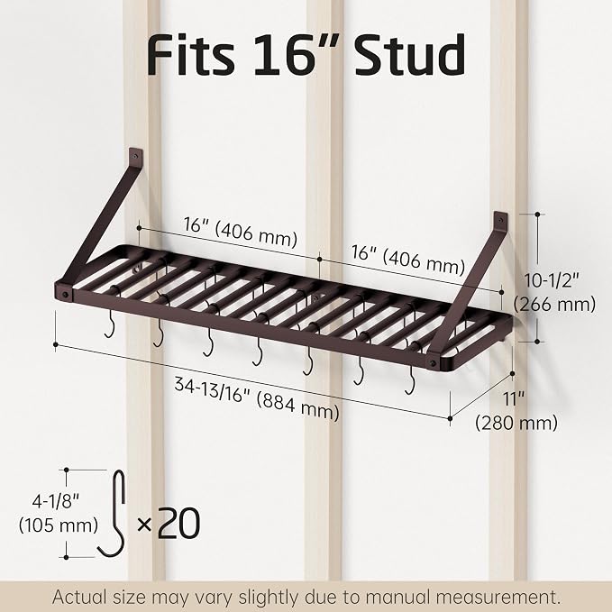 KES 75lb High-Capacity Oil Bronze Pot Rack Wall Mounted with Pot Lid Holder | 34 Inch Heavy-Duty Pots and Pans Hanging Rack with 20 Hooks, Drilling Template Provided for Easy Install