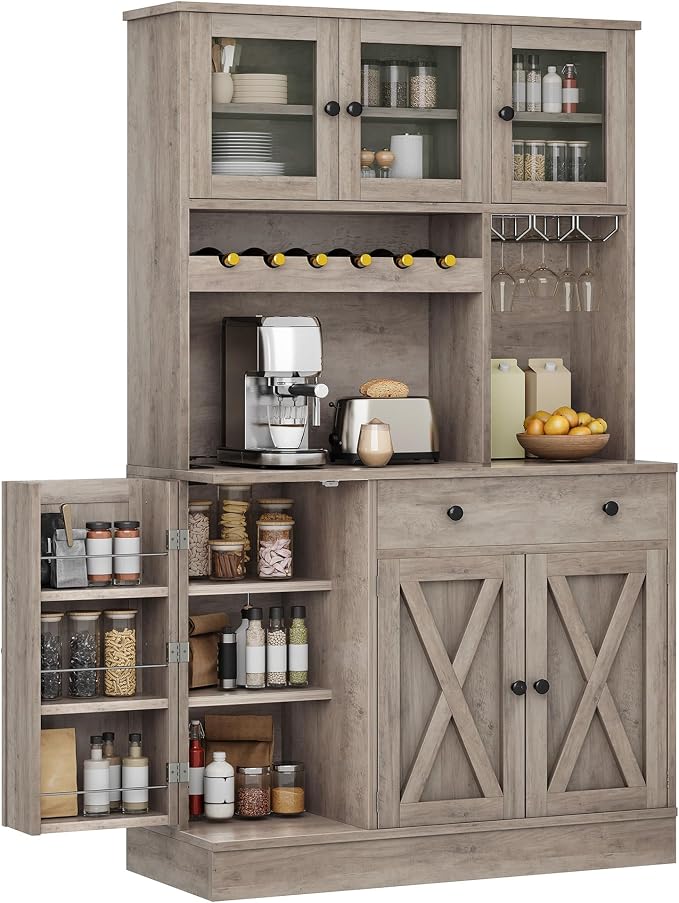 DWVO 71''H Pantry Cabinet with Drawer, Doors, Goblet Holder, Wine Rack for Storage, Pantry Cabinet with Power Outlet for Kitchen & Living Room (Grey Oak) | Tall Cabinet with Doors, Shelves & Drawer, Buffet Cabinet with Goblet Holder and Wine Rack for K...