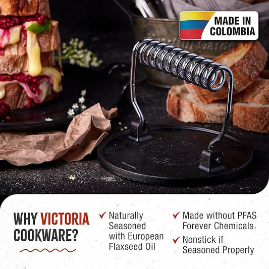 Victoria Round Cast-Iron Meat Press with a Wire Handle, Preseasoned with Flaxseed Oil, Made in Colombia