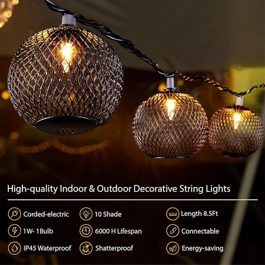 Decorative Lantern String Lights Plug in with 10 Black Metal Ball, Connectable Waterproof Outdoor Decorative String Lights Indoor for Bedroom Patio Pergola Decor