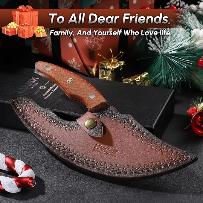 Huusk Japan Ulu Knife with Sheath - Christmas Gift for Men and Women - Hand Forged Caveman Ultimo Knife with Full Tang Wooden Handle - BBQ Knives for Vegetables, Fruit, Pizza - Gifts for Men and Women