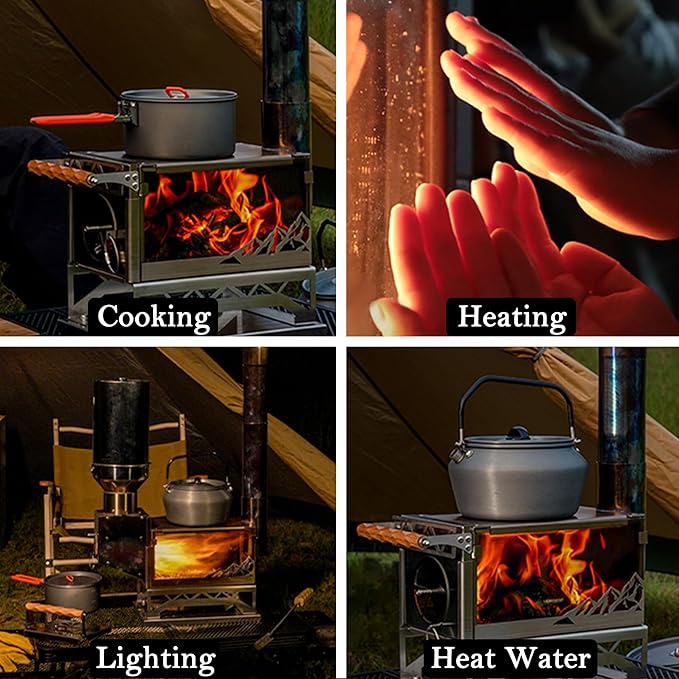 windhike Ultralight Pellet Stove - 18 lbs Portable Hot Tent Wood Stove, Small Stainless Steel Camping Burning Stove with 8 Chimney Pipes for Outdoor Heating, Cooking, Hunting & Ice Fishing