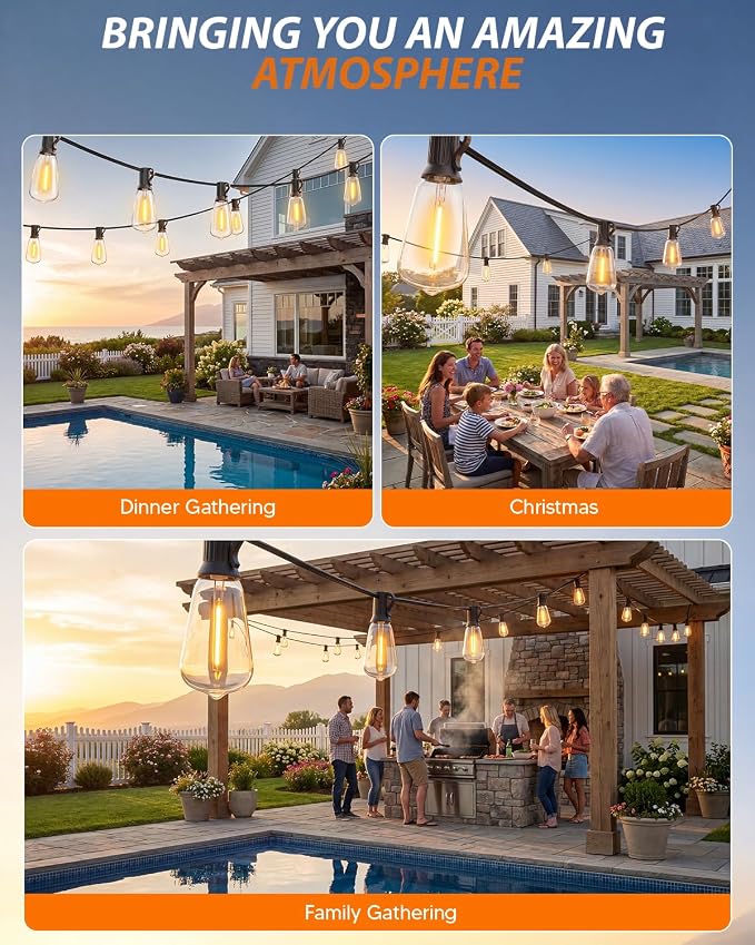 Outdoor String Lights 80FT, 50+4 Shatterproof Bulbs ST38, 1.5FT Spacing, IP65 Waterproof | Dimmable with Remote, Heavy-Duty, Include Screw & Zip Ties for Patio Backyard Holiday Outside