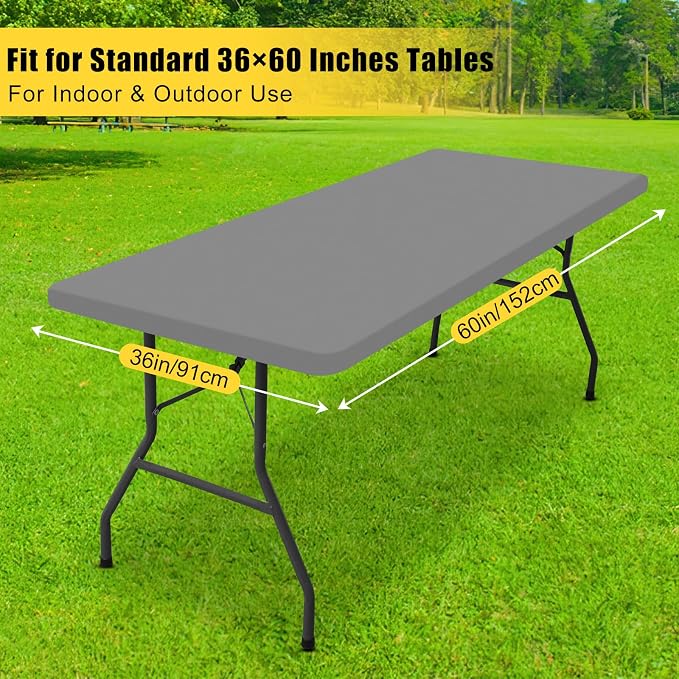 Smiry Rectangle Tablecloth, Elastic Fitted Flannel Backed Vinyl Tablecloths for 5ft Folding Tables, Waterproof Wipeable Table Covers for Indoor, Outdoor, Picnic and Camping (Grey, 36"x60")