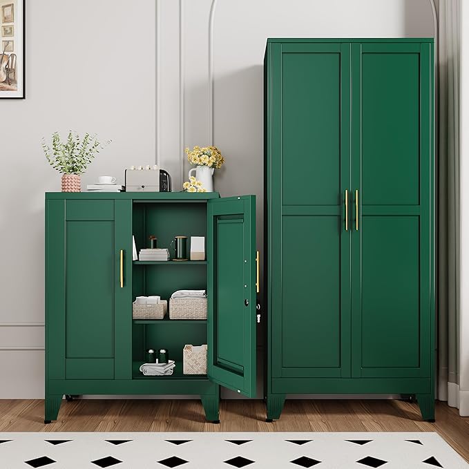 GAIOUS Green Metal File Cabinet with Lock (Two Units), Steel Storage Cabient with 2 Doors and 2 Adjustable Shelves, Multifunctional Locked Cabinet for Home/Office/Garage/Tool Room, Accent Furniture