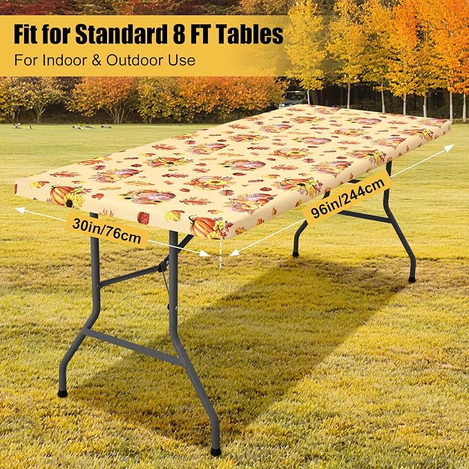 Smiry Rectangle Thanksgiving Table Cloth, Waterproof Elastic Fitted Tablecloths for 8 Foot Tables, Washable Polyester Table Cover for Autumn Harvest Parties (Pumpkin Sunflower, 30"x96")