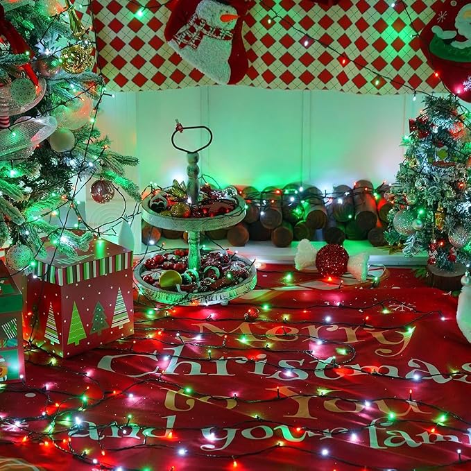 YEGUO 66ft 200 LED String Lights Outdoor Waterproof, 8 Modes Red White and Green Christmas Lights Plug in, Green Wire Twinkle Tree Lights Indoor with Timer Memory