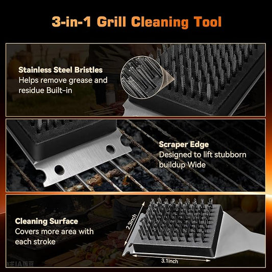 BBQ Grill Brush and Scraper, Heavy Duty Grill Cleaner with Stainless Steel Handle, Replacement Brush Head Included, Grill Cleaning Brush for Gas, Charcoal & Smoker Grill Grates (15 inch)