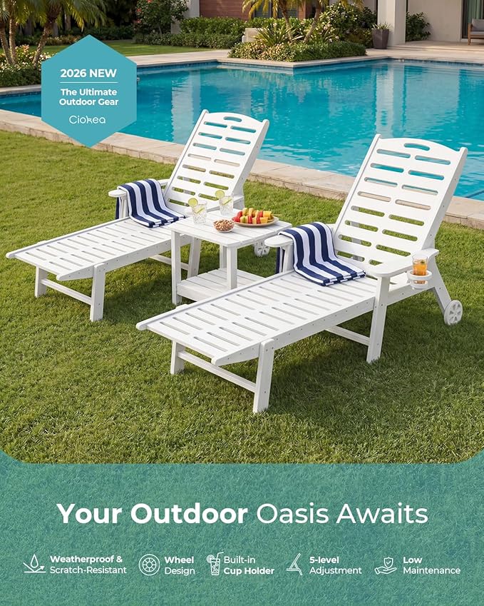 Lounge Chair Outdoor with Wheels & Cup Holder, 5-Position Adjustable Heavy Duty Patio Lounge Chair, HDPE Outdoor Chaise Lounge, 350 lbs Capacity, All Weather for Poolside, Deck, Backyard (White)