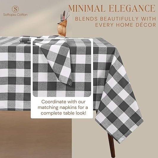 Grey and White Buffalo Check Tablecloth, 60x102 Inches, Plaid Dining Cover, 100% Cotton, Washable, Reusable Farmhouse Table Linen for Winter, Weddings, Buffet Parties, Everyday Dining