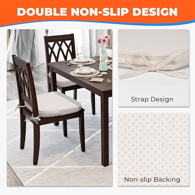 Sunsleek Chair Cushions for Dining Chairs, D-Shaped Seat Cushions with Removable Washable Cover and Ties, Chair Pads for Kitchen, Indoor Dining Room, Patio Chairs, 17'' x 16'', Set of 6, Beige