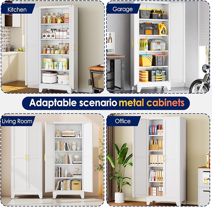 erosoei 71" H Metal Garage Storage Cabinet, Metal Pantry Cabinet with 2 Doors, Locker Steel Cabinet with 4 Adjustable Shelves, Freestanding Cupboard for Garage,Office,Home,Gym,School