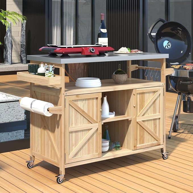 50.25" Outdoor Grill Table with Storage & Locking Wheels | Outdoor grill table,outdoor wood cabinet for grill,kitchen island with storage,steel top,spice rack,prep table for grilling