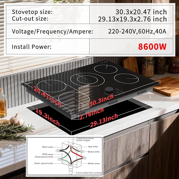 Karinear Electric Cooktop 30 Inch with Magnetic Knob, Bridge BBQ, 5 Burner Radiant Stove Top, 8600W 240V Built-in Hob, 9 Heat Levels, 99-Min Timer, Child Lock, Pause