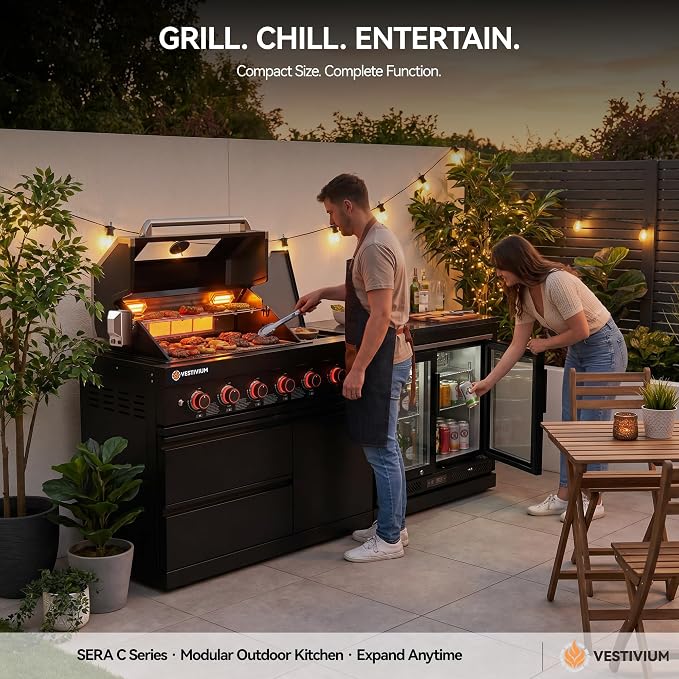 SERA C 4-Burner Propane Modular Outdoor Kitchen with Fridge Black | Black 304 stainless steel, 75,300 BTU + side burner, 68L fridge 0-10°C, soft-close, locking casters, compact patio backyard