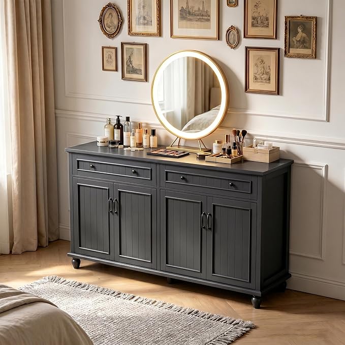 Scurrty Sideboard Buffet Cabinet, 62'' Large Storage Cabinet with Drawers and 4 Doors, Vintage Coffee Bar Cabinets with Adjustable Shelf for Kitchen, Living Room, Black
