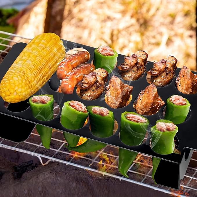 18 Hole Black Jalapeno Grill Rack for Chili, Stainless Steel Barbecue Chili Peppers Grill Rack with Handle, Jalapeno Popper Stand for BBQ Smoker or Oven (Black)