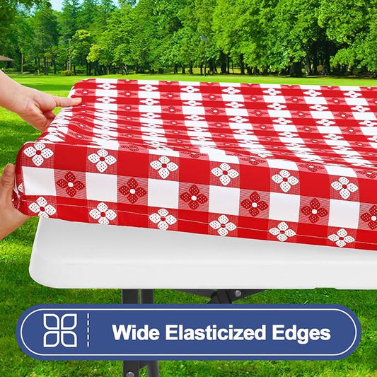 Smiry Picnic Table Cover with Bench Covers, Waterproof Elastic Fitted Tablecloth for 5 Foot Tables, Washable Polyester Tablecloths for Camping, Indoor & Outdoor (Red & White, 30x60 Inch 3-pc Set)