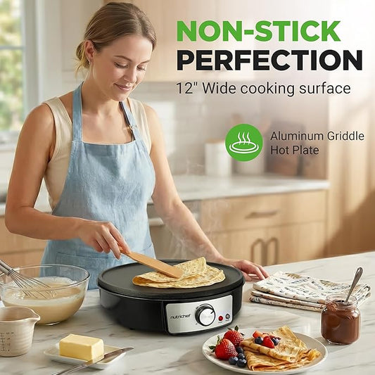 Nutrichef Electric Crepe Maker & Griddle Cooktop - Nonstick 12 Inch Aluminum Hot Plate with LED Indicator Lights & Adjustable Temperature Control - Wooden Spatula & Batter Spreader Included