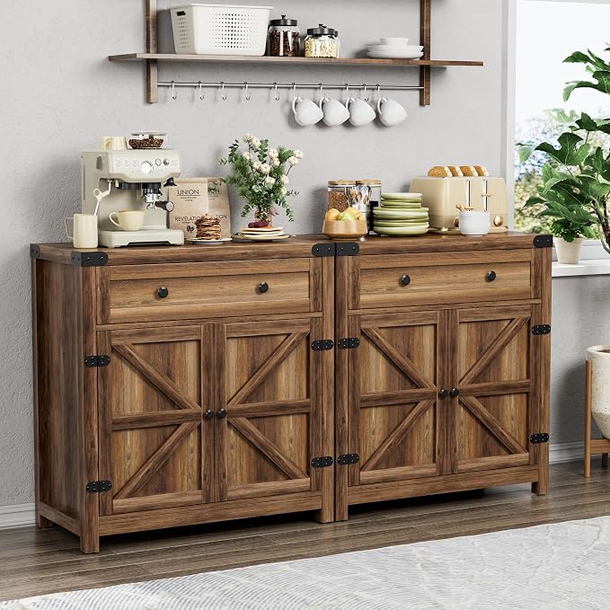 YESHOMY Kitchen Storage Cabinet, Coffee Bar Cabinet, Farmhouse Sideboard Buffet with Storage, Barn Door Accent Cabinet with a Drawer and Adjustable Shelf for Dining Room, Entryway, Rustic Brown, 1PCS