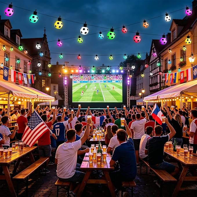 Soccer 50 FT Smart Outdoor String Lights Waterproof, 15 RGBW LED Bulbs 16 Million Colors with App & Remote Control for World Cup Decorations 2026