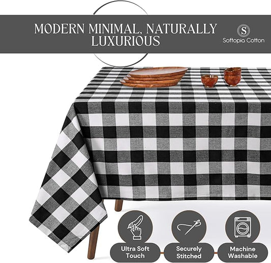 Buffalo Plaid Check 52"x70" Tablecloth 100% Cotton Washable Rustic Rectangle Table Cover Decorative for Gifts, Dining, BBQ, Buffet Parties & Camping - Black